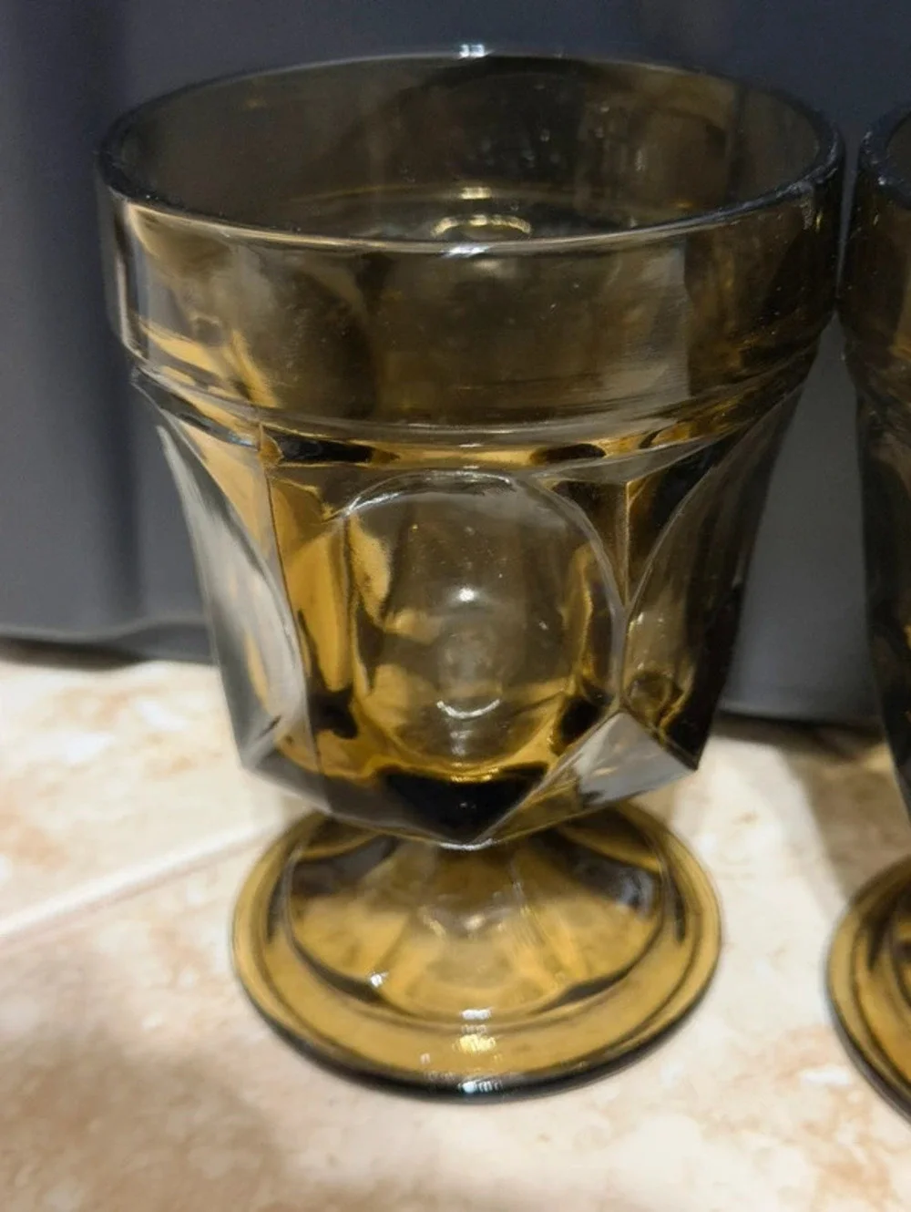 Vintage MCM Olive Smoke Brown Glass Footed Water Wine Goblets Set of 4